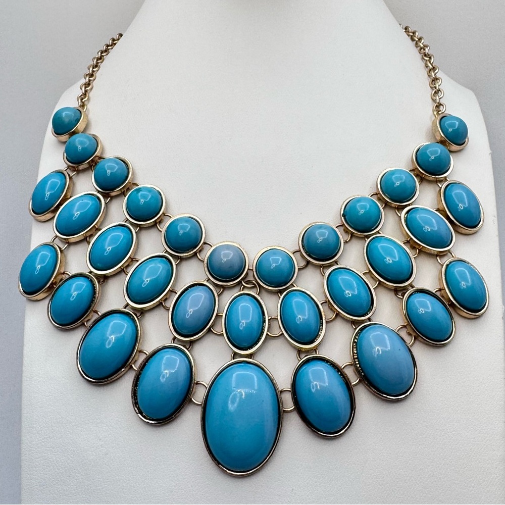 Turquoise Color Statement Bib Necklace Gold Tone Faux Stone Boho Bold